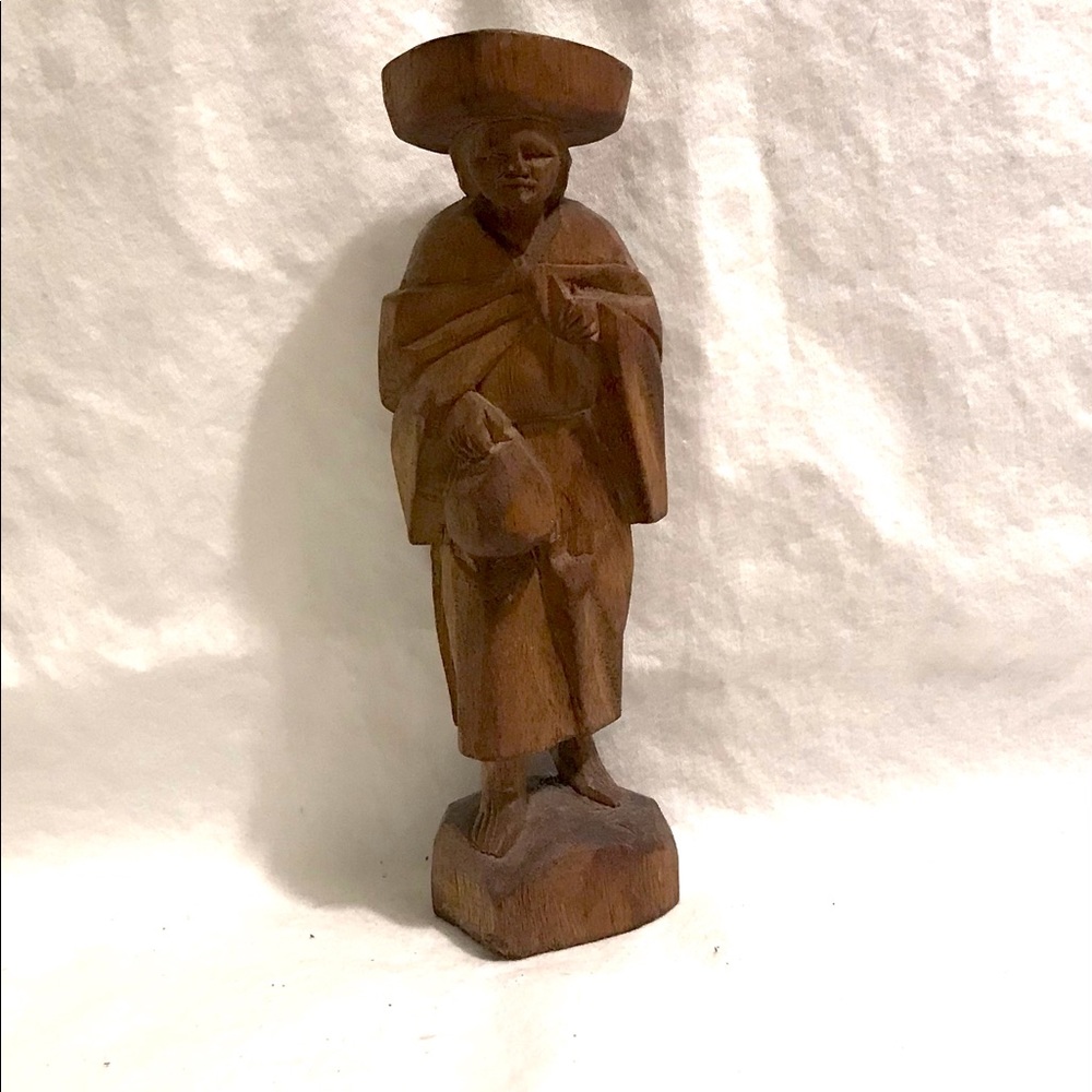 A Minature Wood Carving of a Peasant with Satchel.